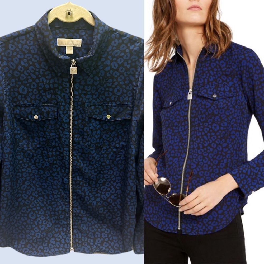 Michael Kors Women's Blue Leopard Print Blouse casual size XL